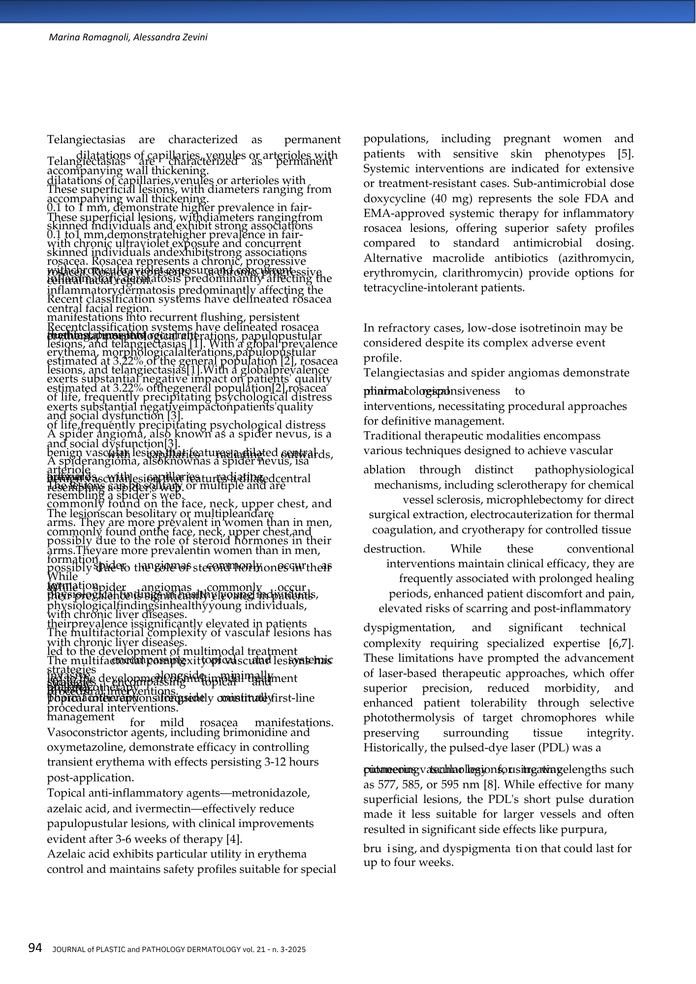 Pagina di un articolo scientifico con testo su telangectasie, lesioni cutanee, condizioni dermatologiche e trattamenti, scritto da Marina Romagnoli e Alessandra Zevini.