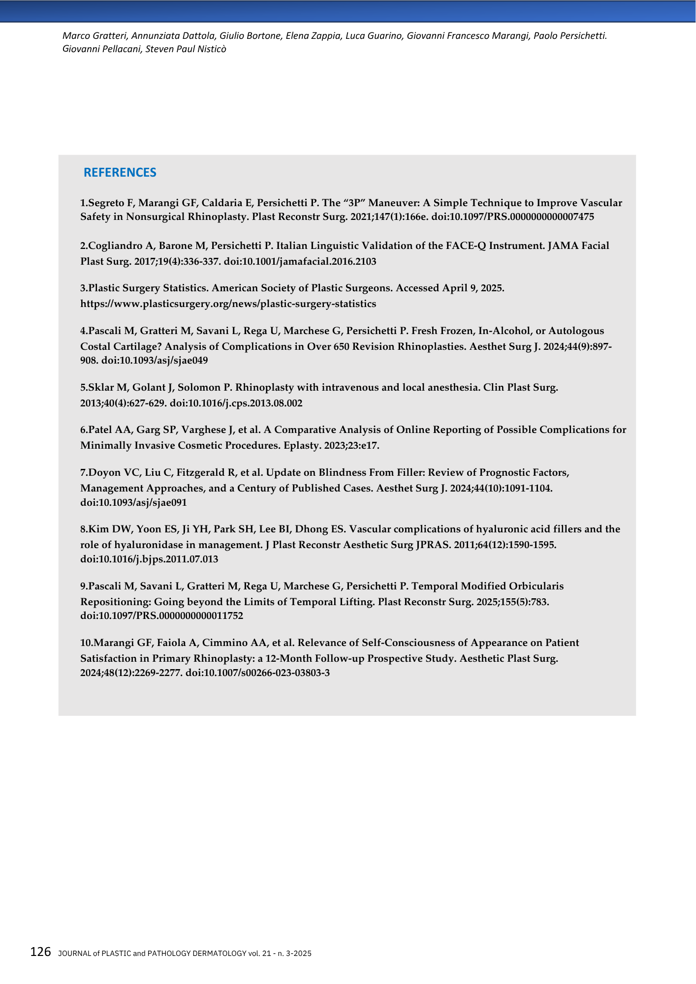 Pagina del journal con riferimenti bibliografici su chirurgia plastica e rinoplastica, senza immagini evidenti.