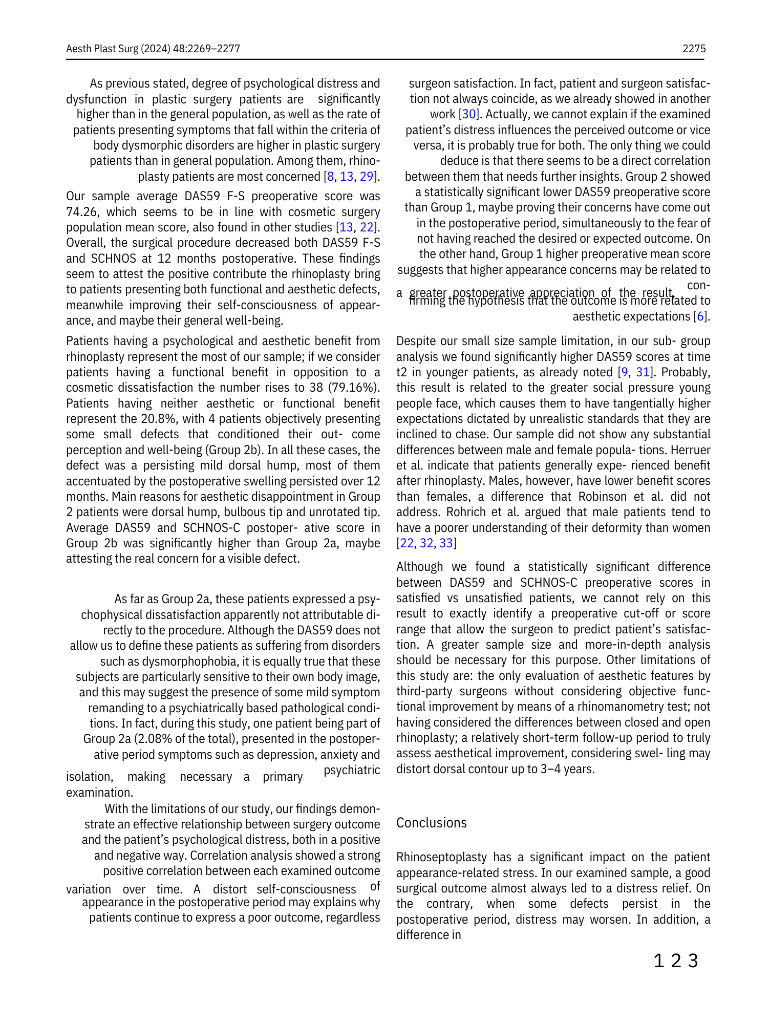 Pagina di un articolo scientifico con testo in inglese che parla di risultati di uno studio sulla chirurgia plastica e la percezione psicologica di pazienti, con numeri e citazioni bibliografiche.