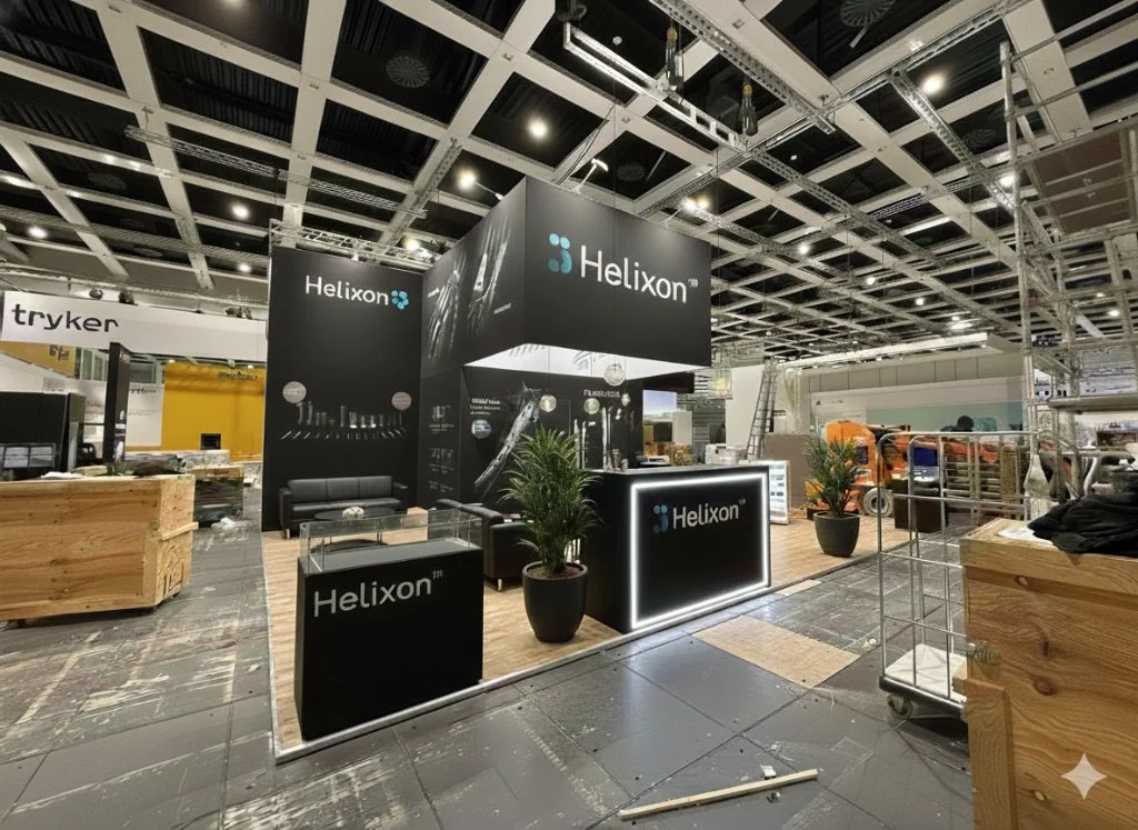 Trade show booth with black display panels, a seating area, potted plants, and illuminated counters inside an exhibition hall.