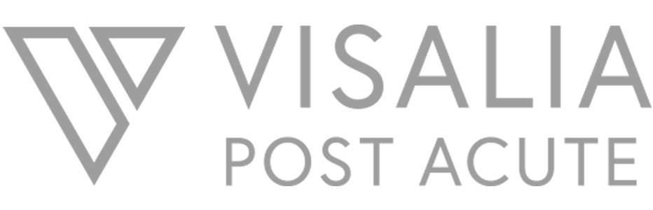 Logo of Visalia Post Acute with a stylized "V" symbol in gray.