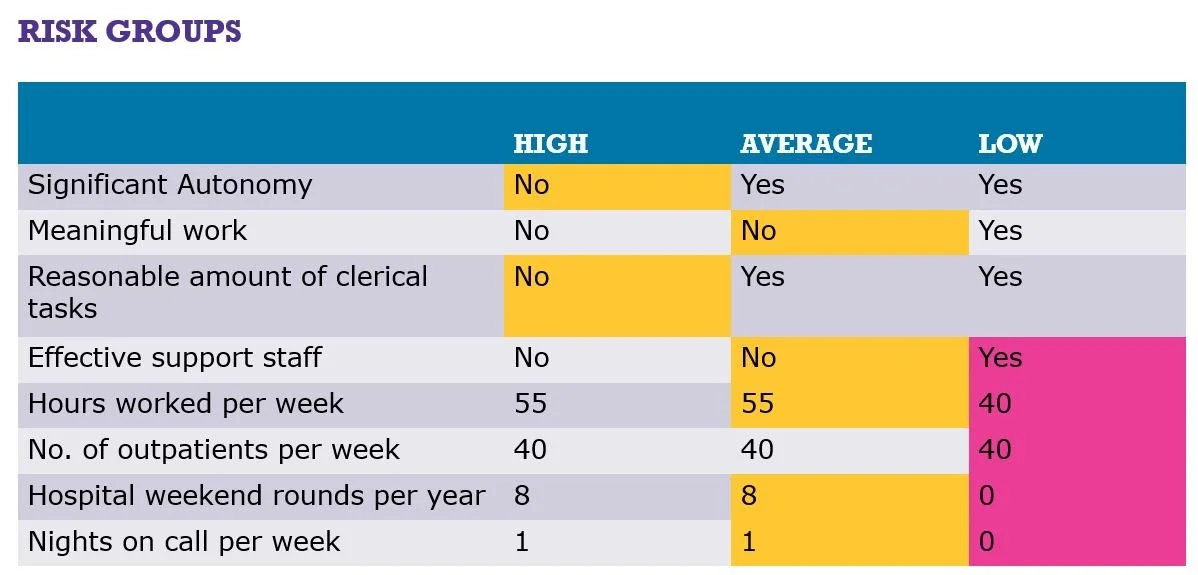 Table comparing risk groups with different criteria, categorized as high, average, and low risk. Includes factors like autonomy, work meaningfulness, clerical tasks, support staff, hours worked, outpatient numbers, hospital rounds, and nights on call.