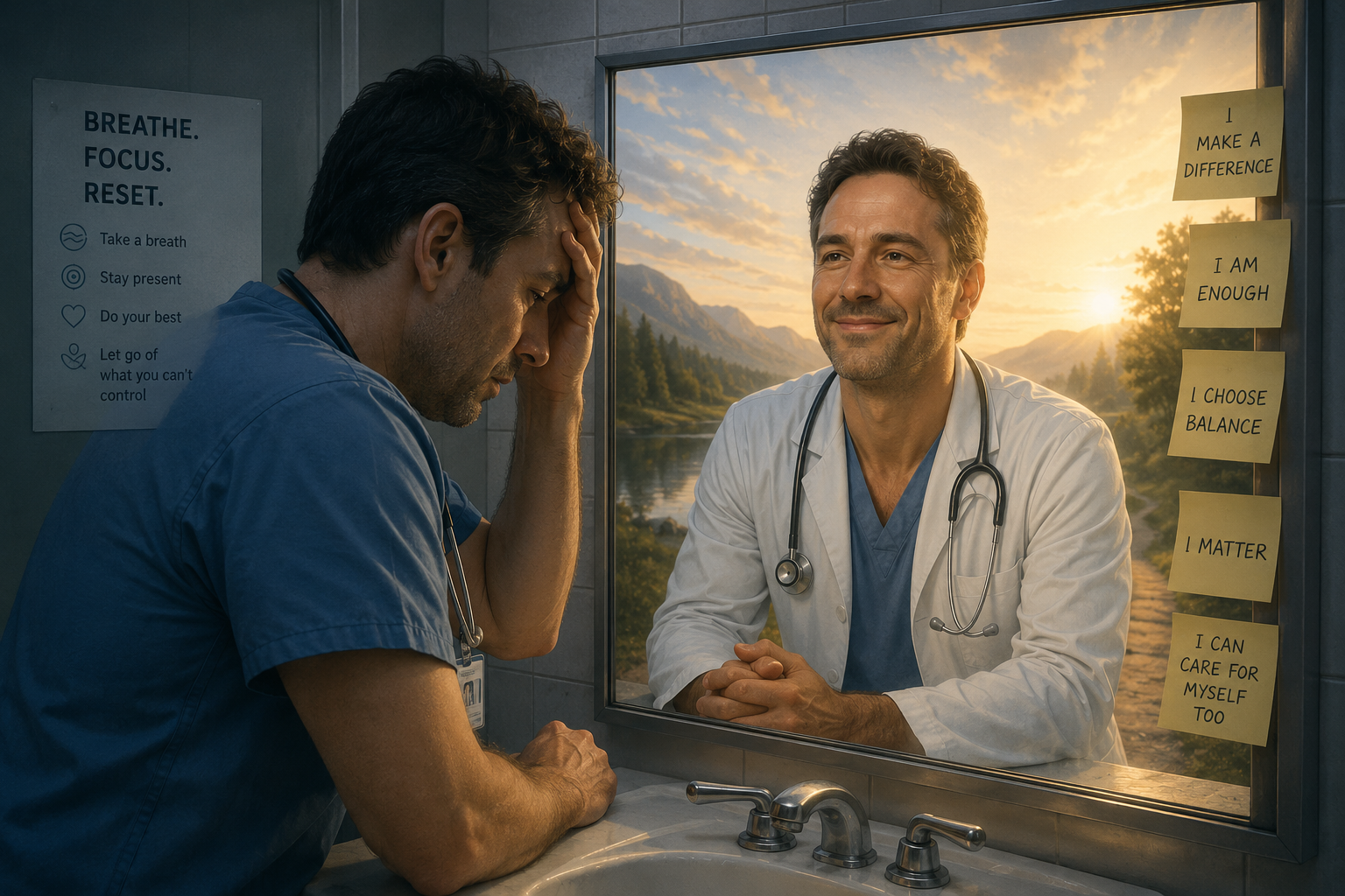 A distressed male nurse in scrubs and a healthcare professional in a white coat with a stethoscope talking through a window with a scenic mountain view. The nurse appears stressed, while the doctor looks calm. Inspirational notes are posted beside the window and a poster on the wall encourages mindfulness and self-care.