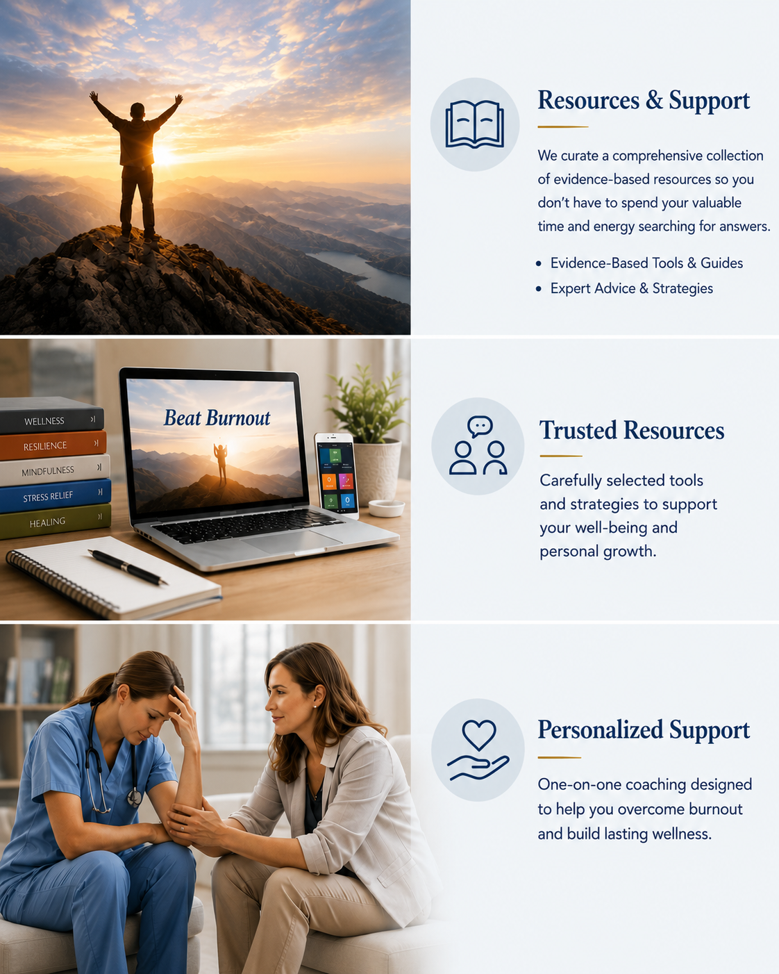 Three sections promoting mental health and wellness resources: top section showing a person on mountain summit at sunset with sunrise in background, with text about evidence-based tools and guidance; middle section displaying a laptop, smartphone, and books on resilience, mindfulness, and stress relief with text about trusted resources; bottom section with a healthcare professional counseling a woman, with text about personalized support to overcome burnout.