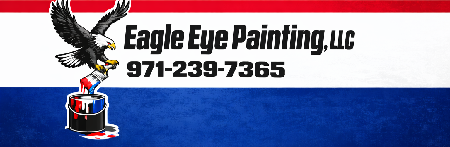 Logo for Eagle Eye Painting, LLC featuring an eagle with a paintbrush, red, white, and blue background, and contact number 971-239-7365.