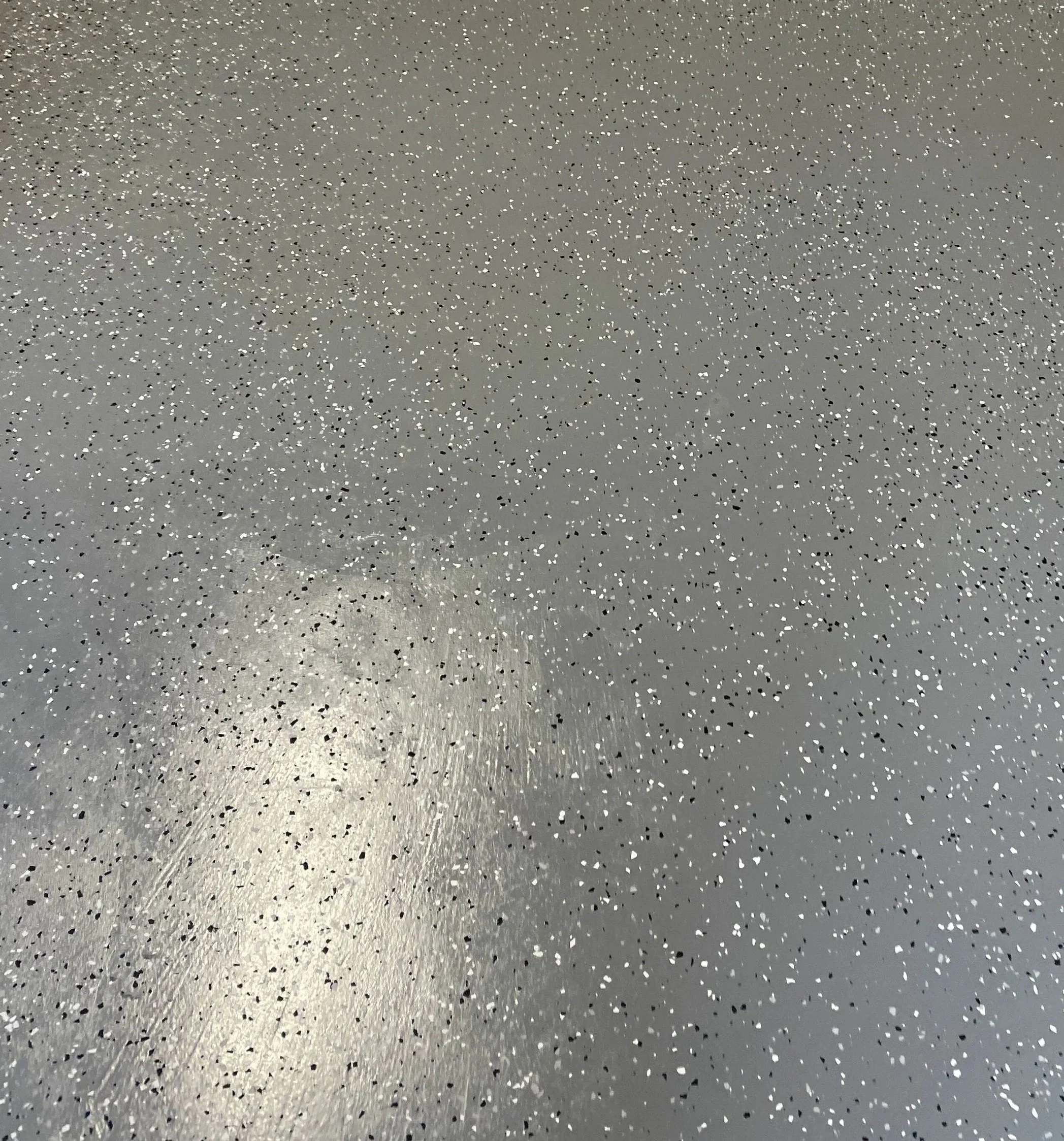 Gray floor with small white and black speckles.