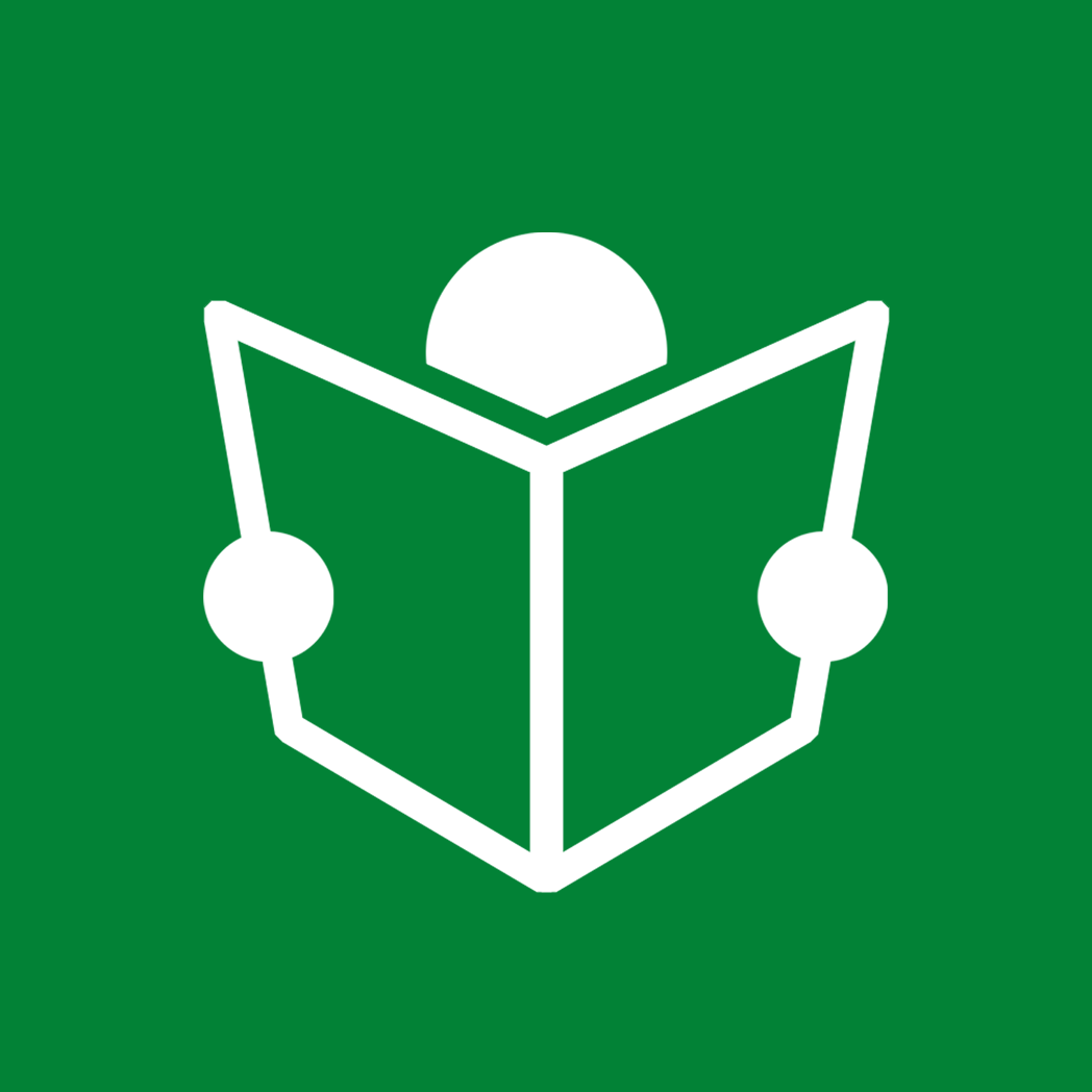 Icon of a person reading a book with circuit lines, on a green background.