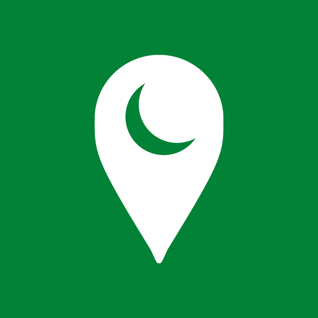 Green background with a white location pin icon containing a crescent moon symbol.