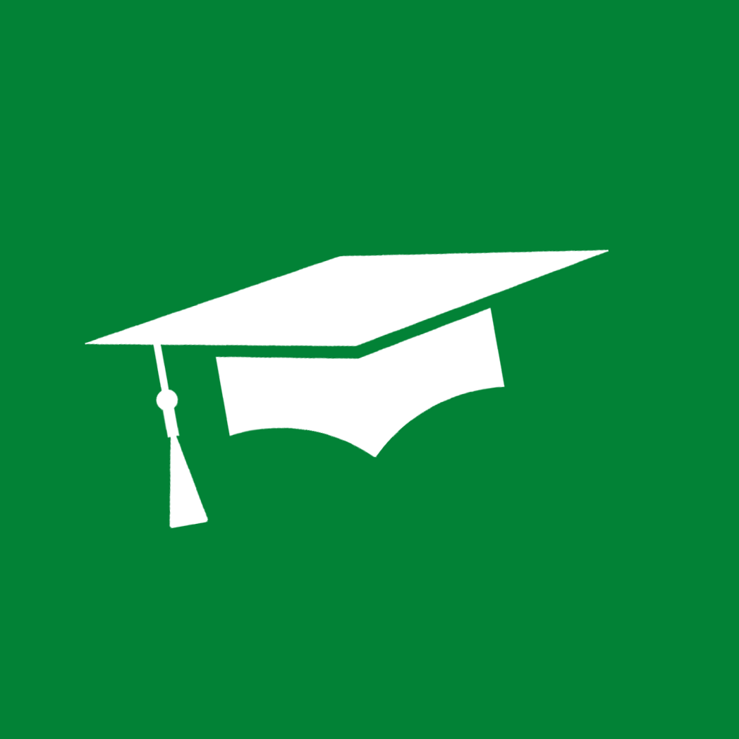 White graduation cap icon on a green background.