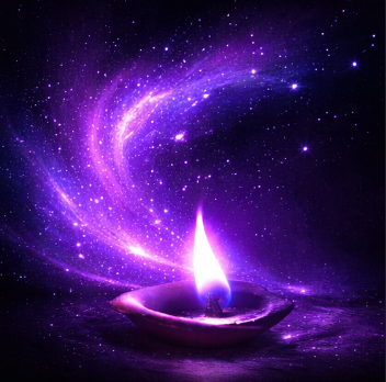 A glowing purple candle with a bright flame, surrounded by a space-themed background with stars and swirling purple galaxy-like clouds.