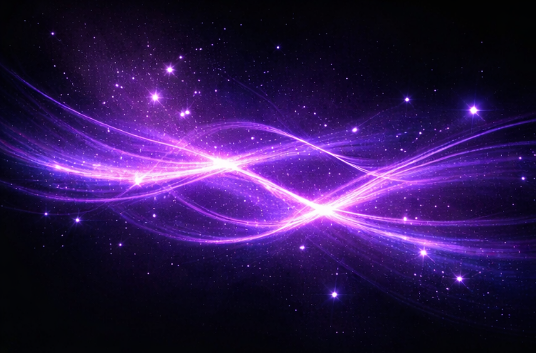 Abstract image of glowing purple light streaks and stars against a black background.