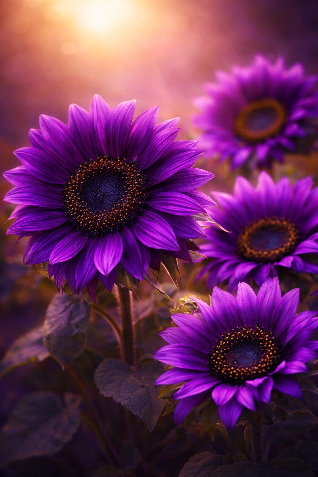 Purple and blue sunflowers illuminated by warm sunlight with leaves and stems in the foreground and a blurred background.