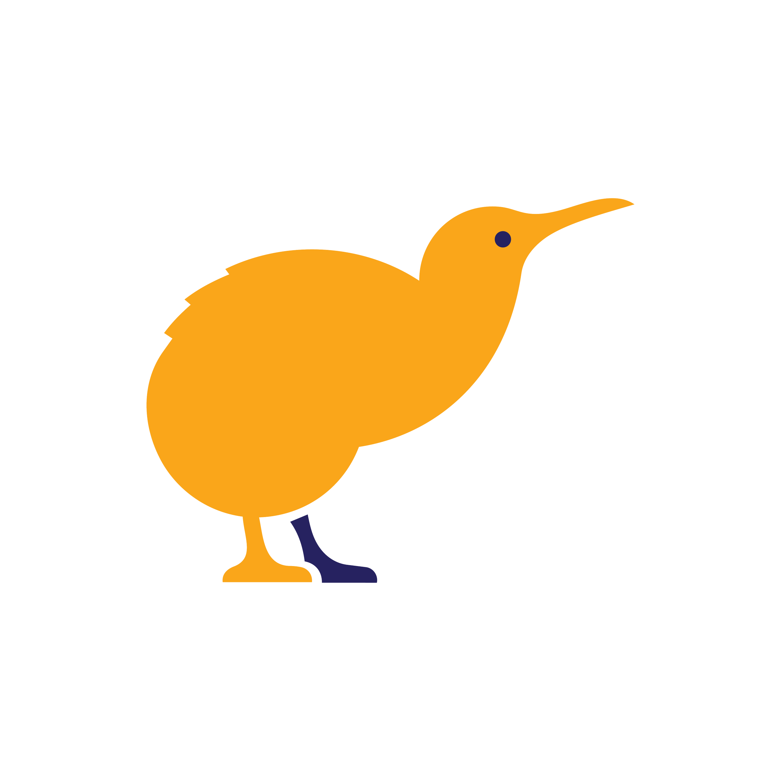 Simplified illustration of a kiwi bird with orange body, long beak, dark eyes, and semi-human legs, standing on a black background.