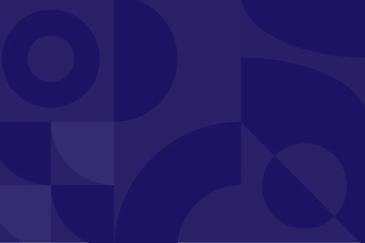 Abstract geometric pattern with dark blue shapes and circles on a dark blue background.