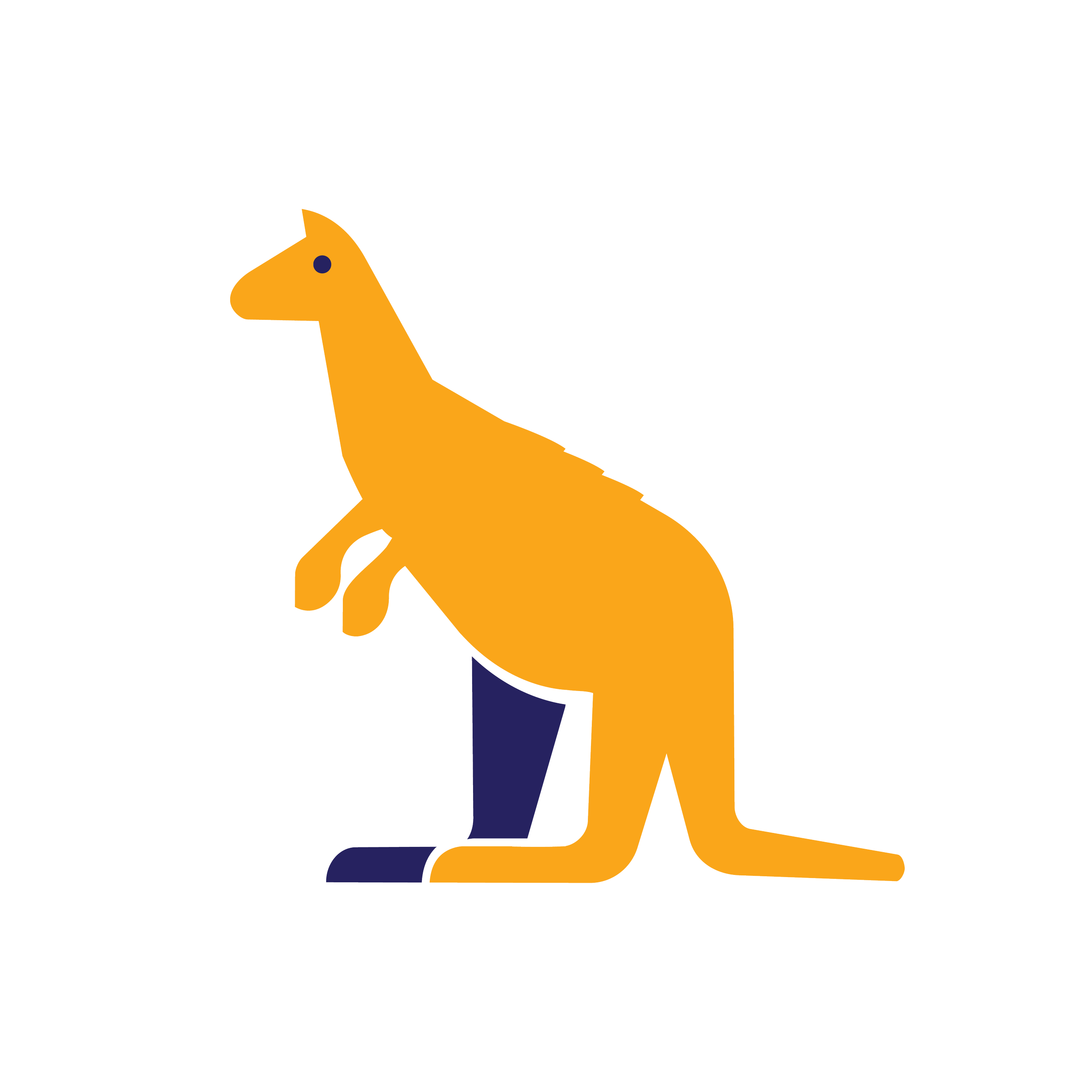 Logo of a yellow dinosaur with a dark blue leg, sitting upright, on a black background.