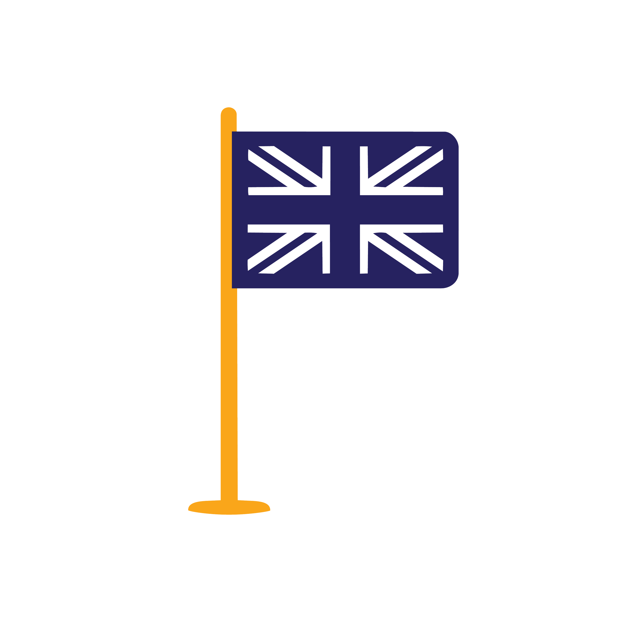 Illustration of a signpost with a flag showing the Union Jack, the national flag of the United Kingdom, mounted on a yellow pole.