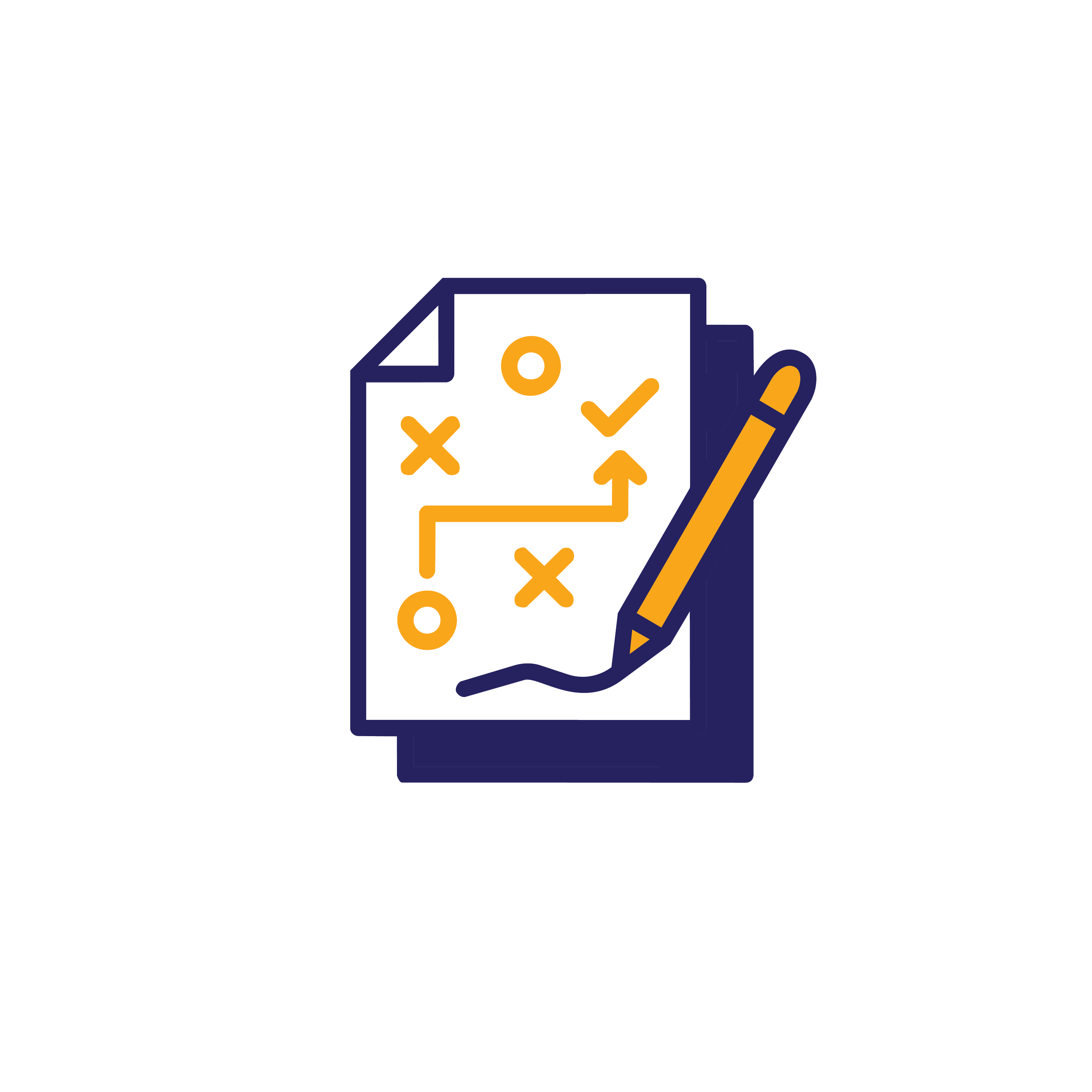 Icon of a strategy plan with a paper showing a playbook and a pen, featuring X's and O's for tactics.