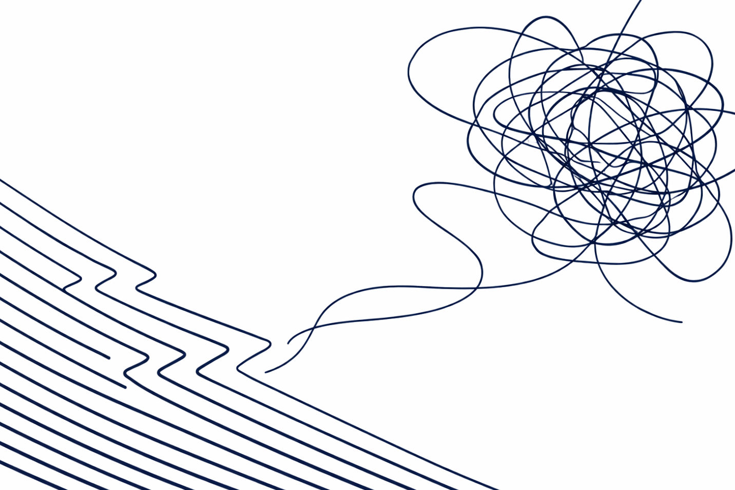 Abstract illustration with navy blue scribbles and lines on a white background.