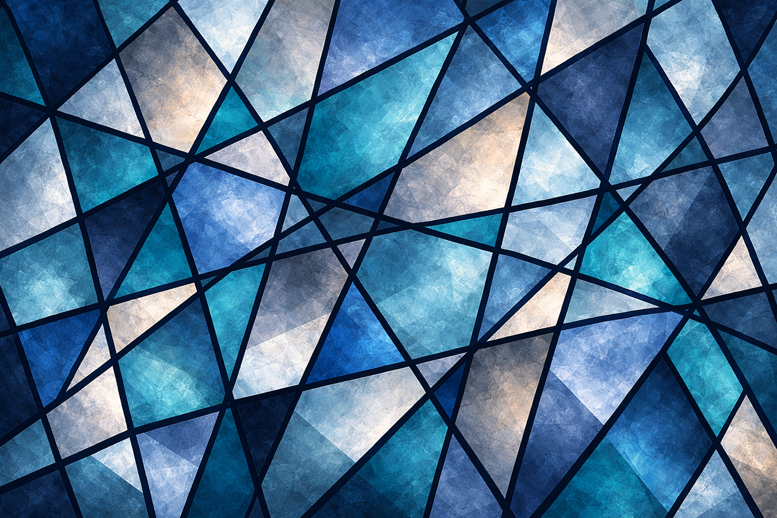 Abstract pattern of interconnected geometric triangular shapes in various shades of blue, gray, and beige, creating a stained glass window effect.