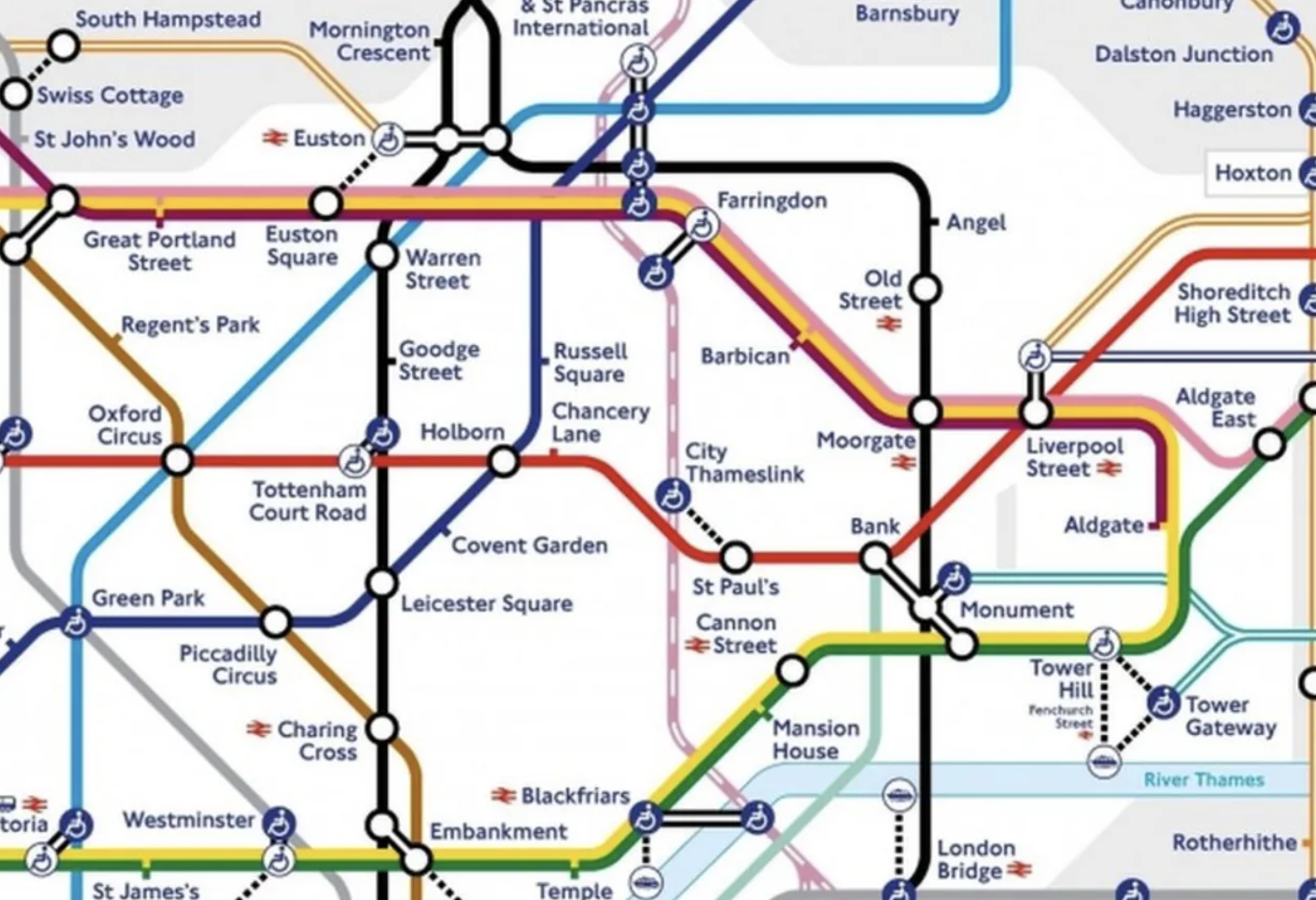 Map of the London Underground transit system with colored lines and station names.