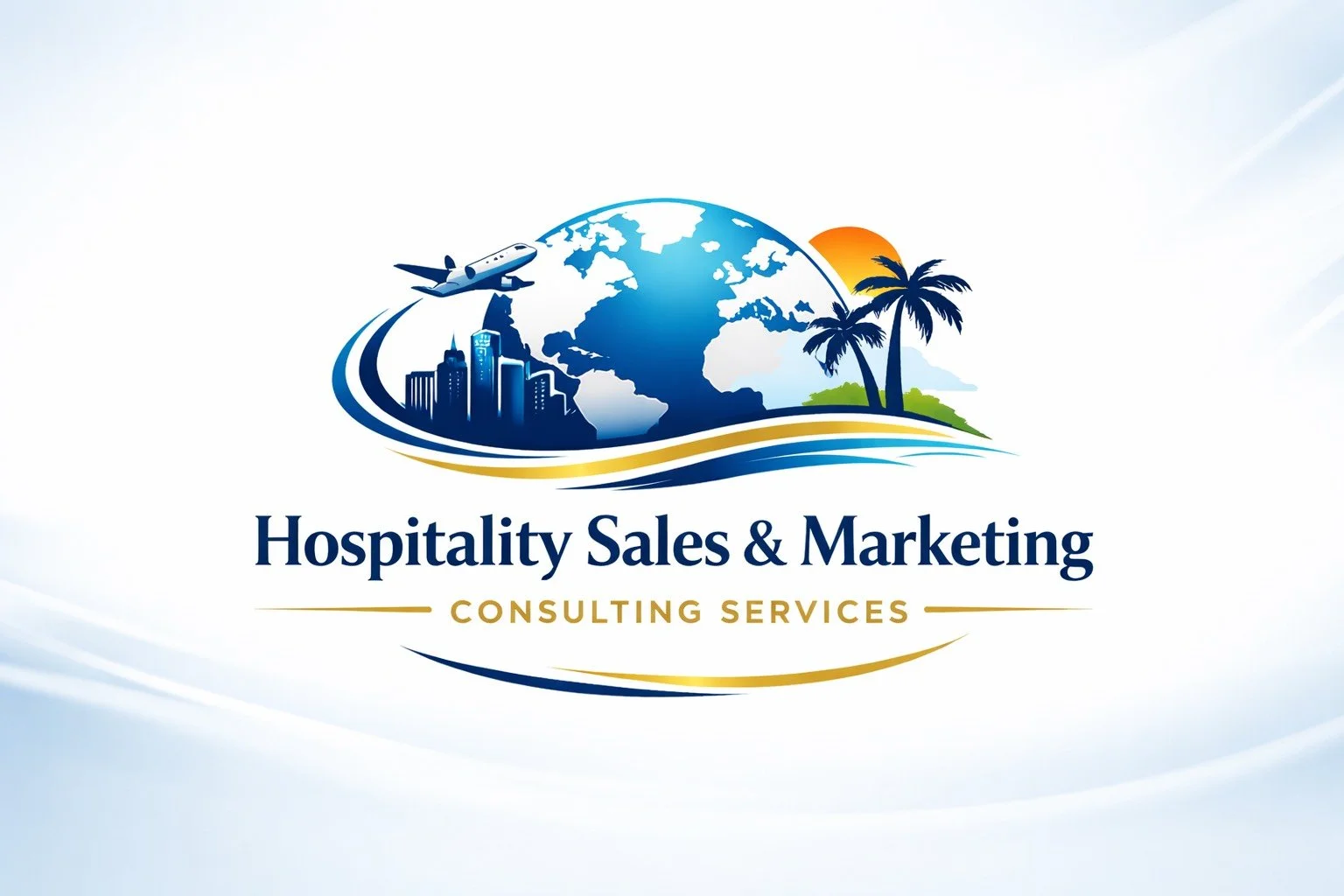 Airline plane traveling over the world toward sun and palm trees above the company name Hospitality Sales & Marketing consulting Services