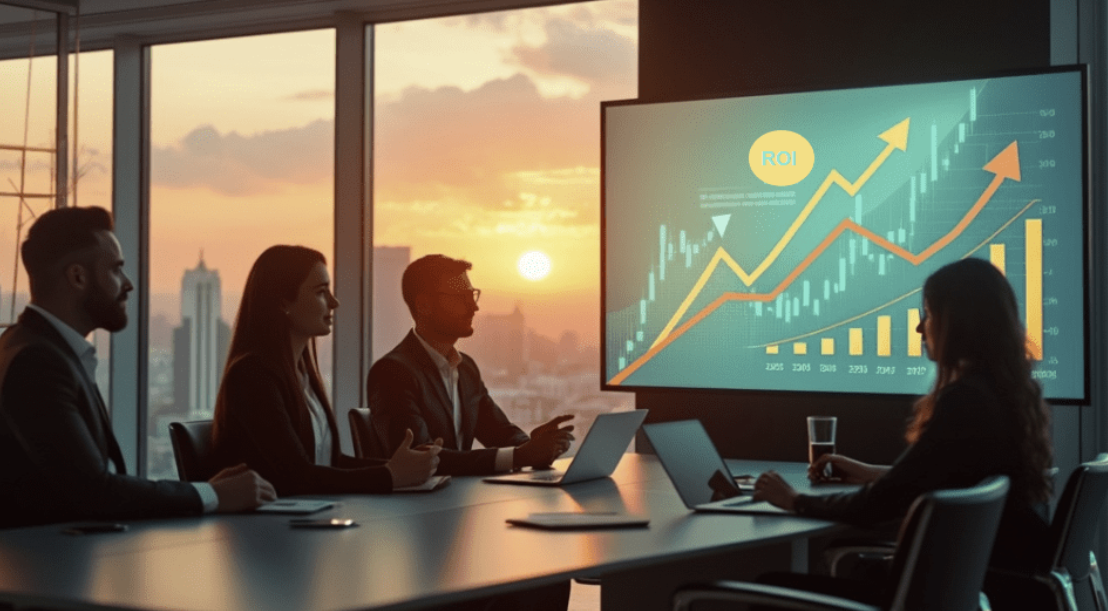 Four business professionals in a conference room with large windows, viewing a sunset city skyline, watching a presentation with line and bar graphs showing growth and ROI.