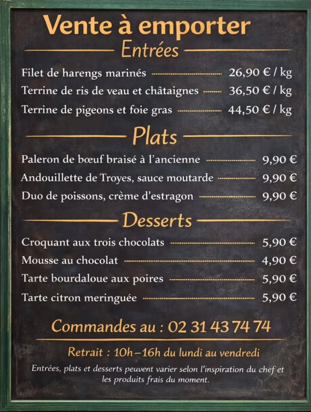 Envie de bien manger sans cuisiner ?
D&eacute;couvrez nos plats faits maison en vente &agrave; emporter.
Commandes au 02 31 43 74 74
Retrait de 10h &agrave; 16h &ndash; du lundi au vendredi

#lekikalou #RestaurantLeKikalou #RestaurantCaen #Caen #Caen