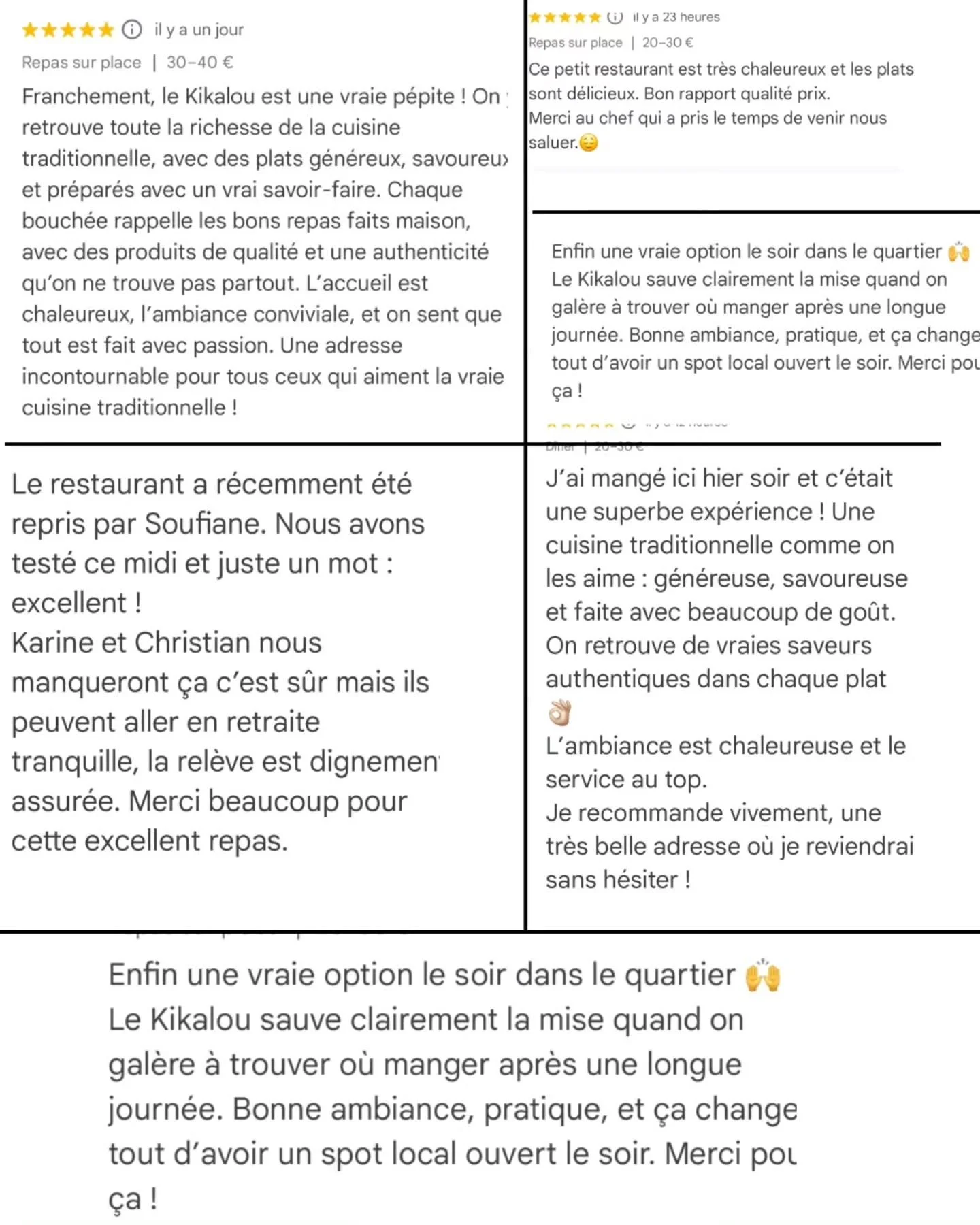 Une premi&egrave;re semaine bien remplie au Kikalou, et d&eacute;j&agrave; des retours qui nous motivent &eacute;norm&eacute;ment.
Merci &agrave; tous pour votre confiance et votre soutien.
La suite ne fait que commencer.

#lekikalou #restaurantlekik
