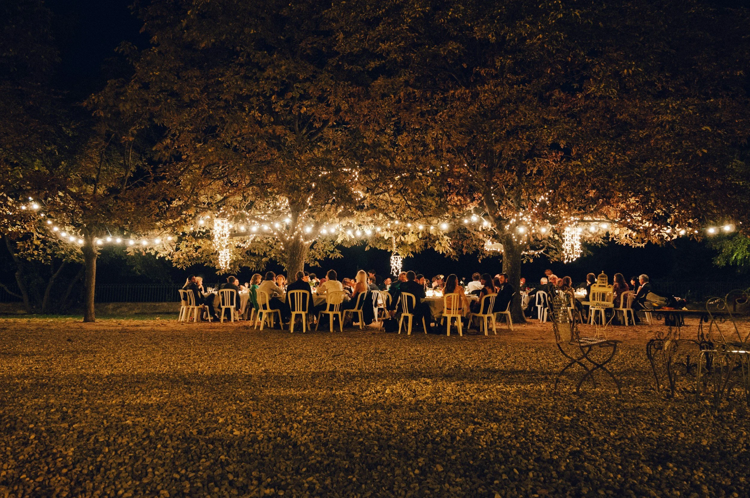 Dinner party outdoors under a large tree decorated with string lights at night with guests seated at a long table.