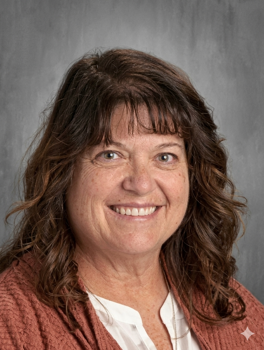 A woman with shoulder-length brown hair and bangs, smiling, wearing a white top and a rust-colored cardigan against a gray background.