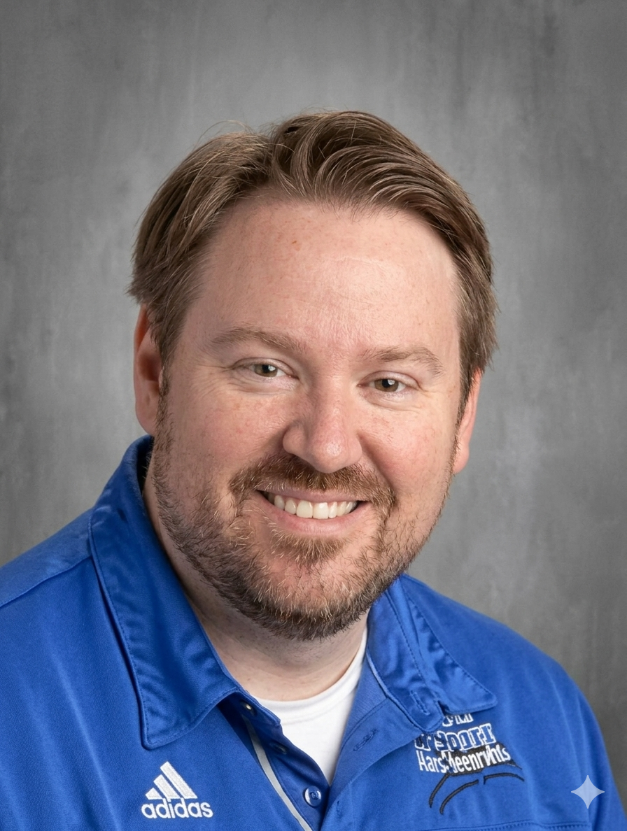 Portrait of a smiling man with light brown hair and a beard, wearing a blue sports jacket, against a gray background.