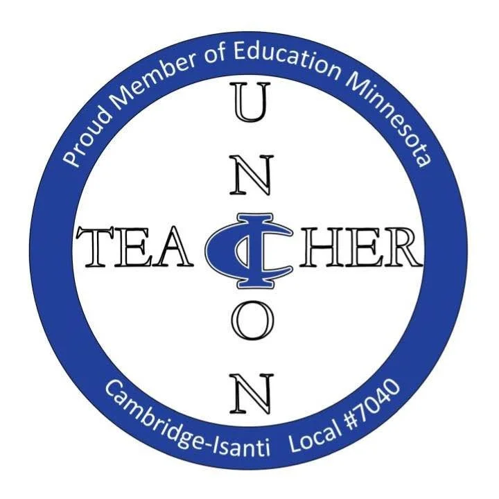 Round emblem with a blue border that reads 'Proud Member of Education Minnesota' at the top and 'Cambridge-Isanti Local #7040' at the bottom. Inside, the word 'UNION' is written vertically, and the word 'TEACHER' is written horizontally with the 'U' overlapping the 'T' and the 'N' overlapping the 'A'. The 'O' in 'TEACHER' is stylized as the Education Minnesota logo.
