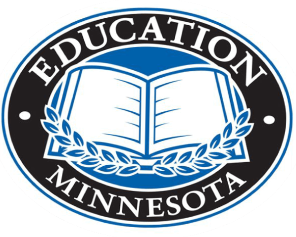 Official logo of education in Minnesota featuring an open book, a laurel wreath, and the words 'Education Minnesota' and 'Minnesota'.