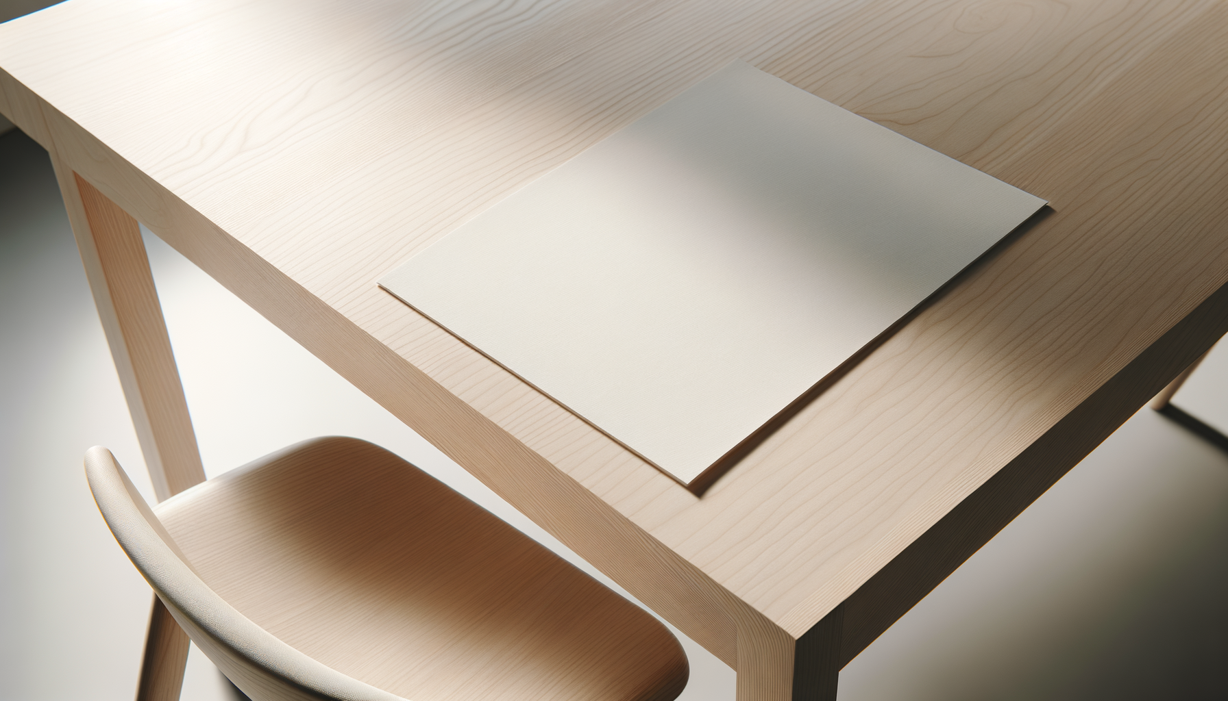 A light wooden desk with a framed white piece of paper on it, accompanied by a matching wooden chair with a cushioned seat.