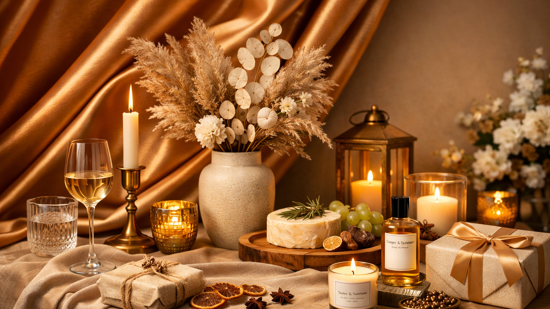 Decorative table with candles, a glass of white wine, a bottle of perfume, wrapped gifts, dried orange slices, star anise, grapes, a cheese wheel, and floral arrangements in a cozy, elegant setting.