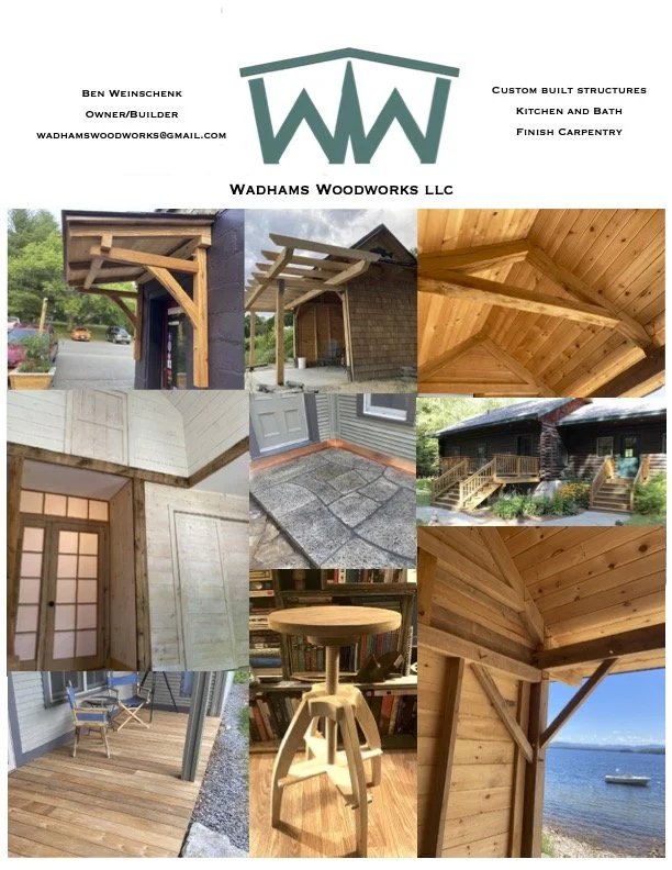 Business card for Wadhams Woodworks LLC featuring their logo, contact information, and images of custom woodwork projects including exterior structures, interior paneling, flooring, a porch, and a view of a boat on water.