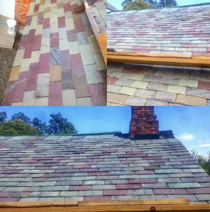 Collage of three images showing different stages of a roof installation with multicolored shingles and a brick chimney, along with a section of brick patio or walkway.