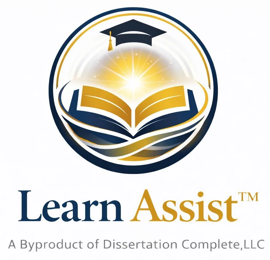 Logo for Learn Assist, featuring an open book with light radiating from its pages, a graduation cap above, and the text 'Learn Assist' below with the tagline 'A Byproduct of Dissertation Complete, LLC'.