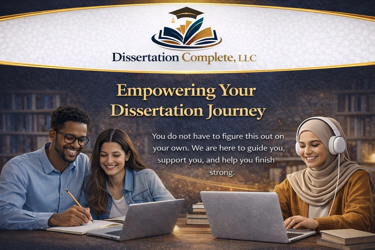 Three people smiling and working on laptops at a table, with bookshelves in the background and a graphic of an open book and graduation cap at the top. The text reads, "Empowering Your Dissertation Journey" and a message about guidance and support.