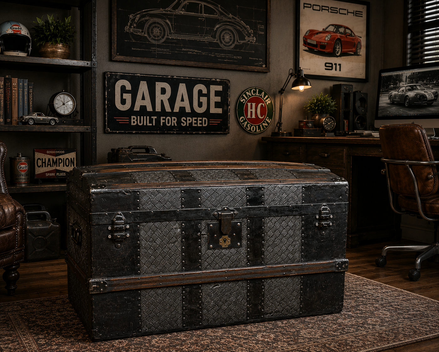 Antique crosshatch tin steamer trunk in luxury automotive themed home office with vintage industrial décor