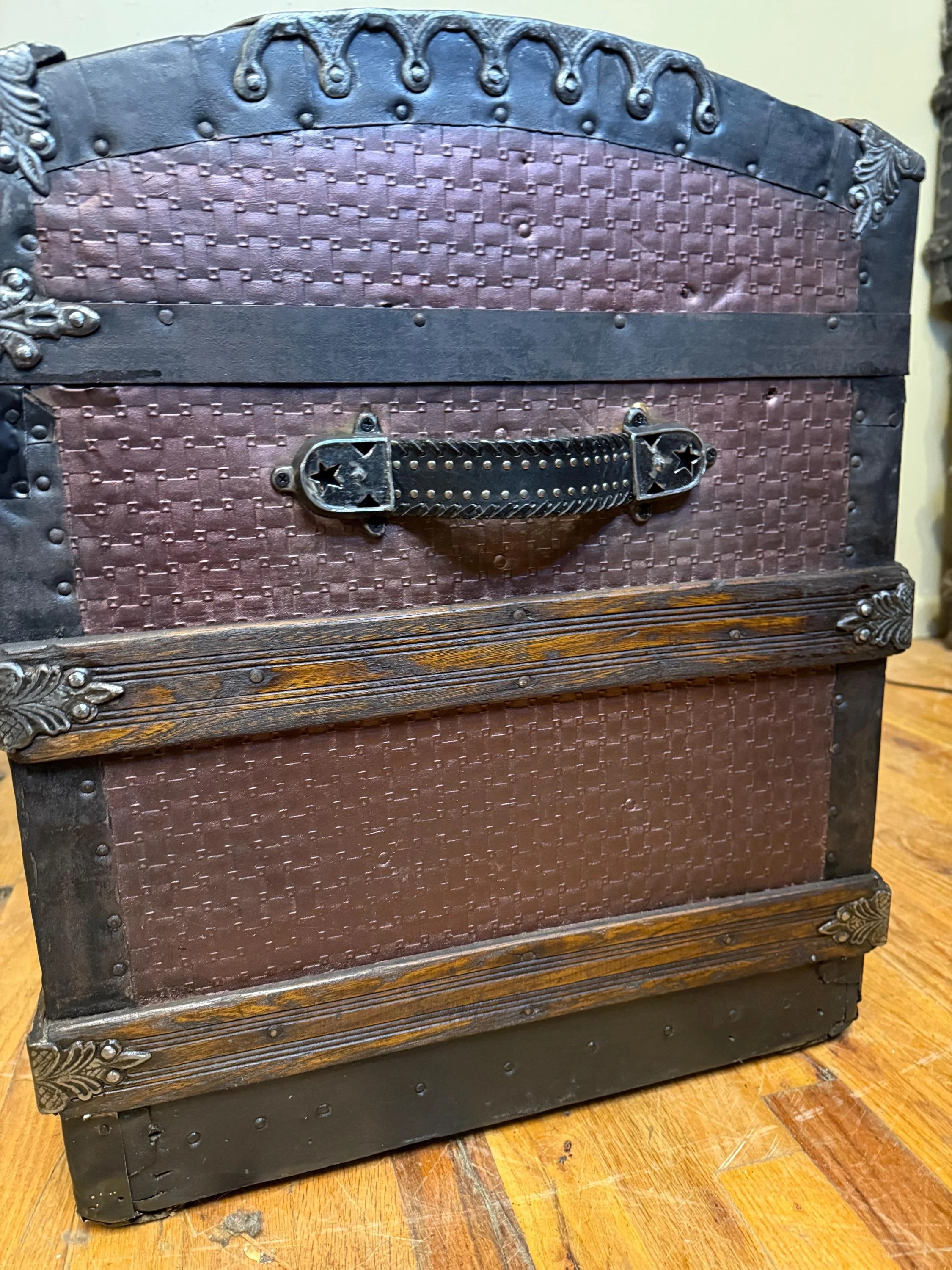 Restored 1800s Saratoga dome top trunk with rare basketweave embossed tin and new handles