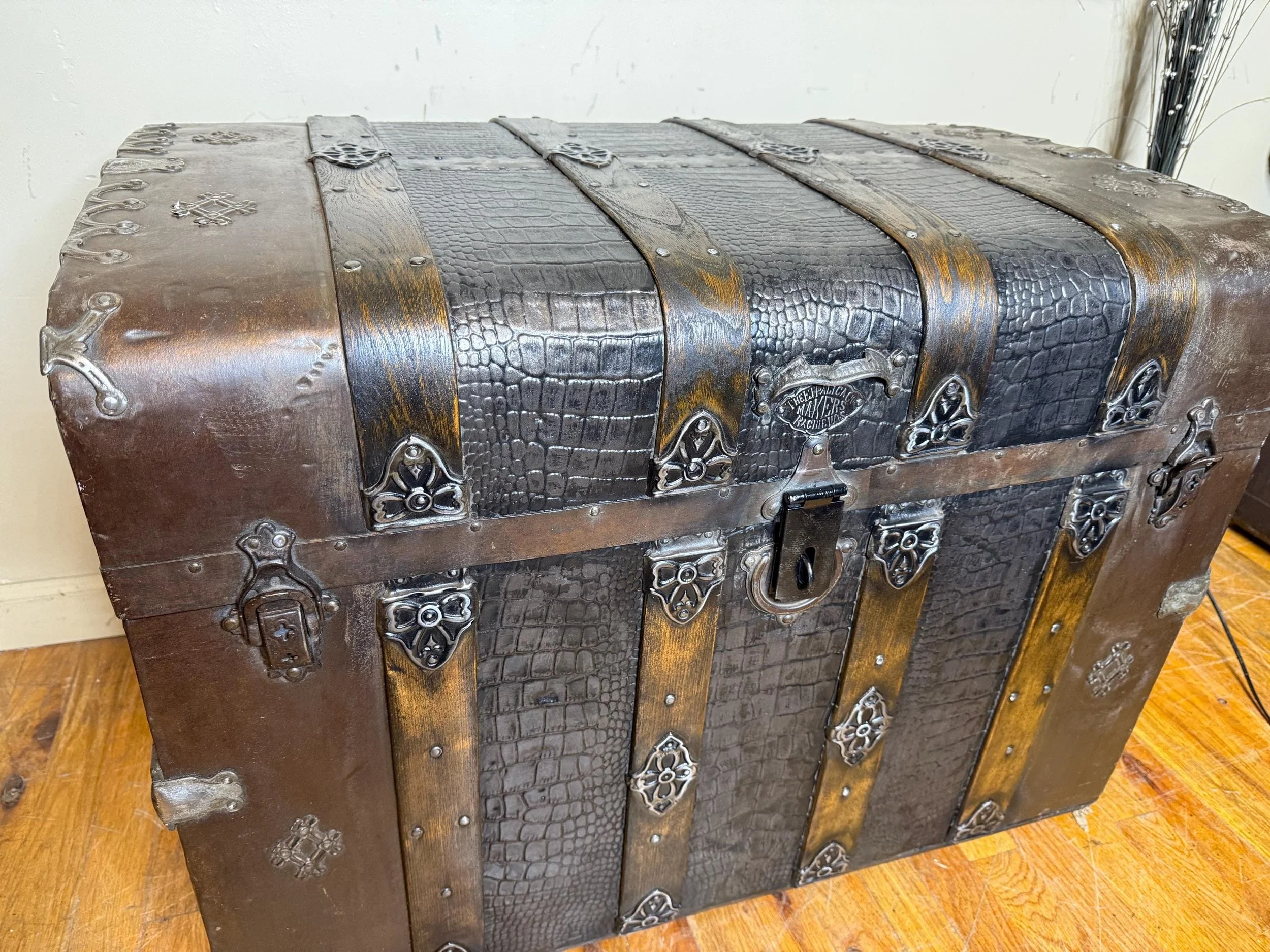 Masterfully restored 1800s Monitor top antique steamer trunk with rare crocodile embossed tin.