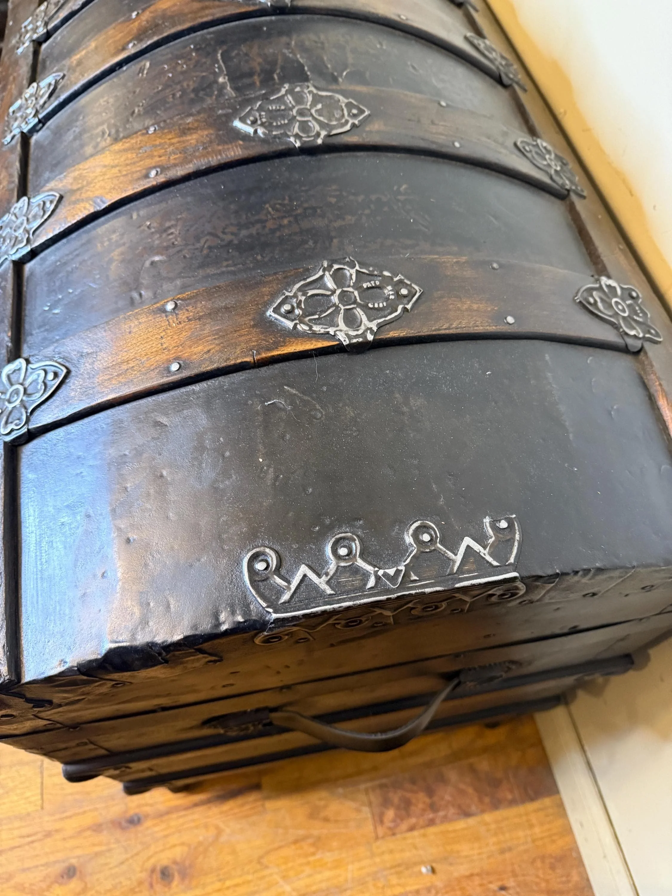 Antique steamer trunk close-up of hardware