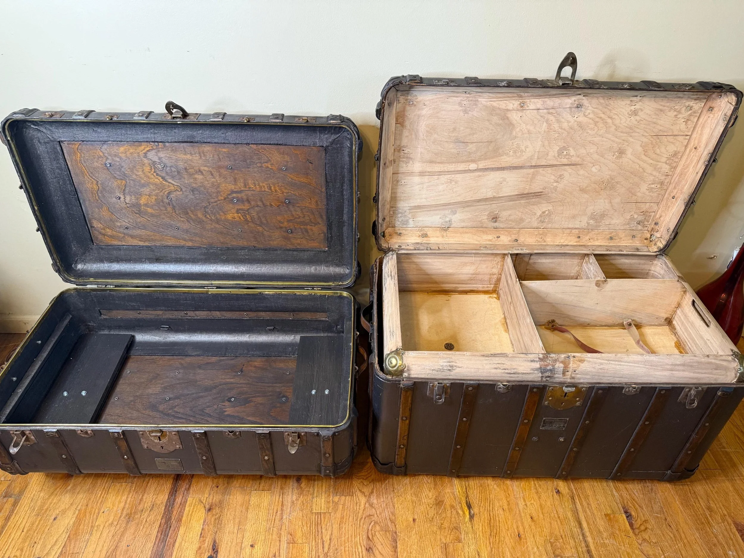 Stripped and sanded interior of vintage Indestructo trunk