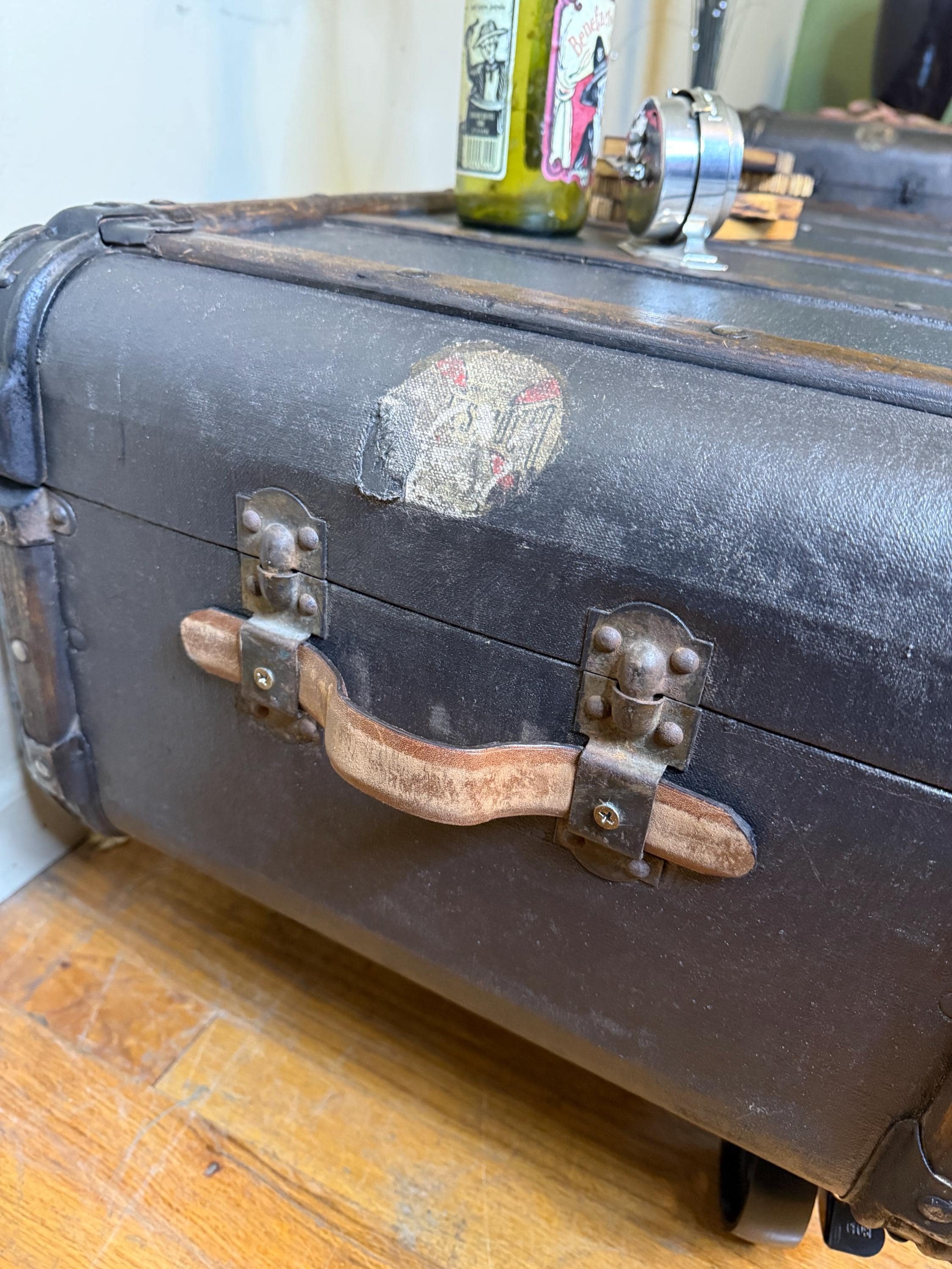 Detail of the National Veneer Products Indestructo branding on a refinished piece.
