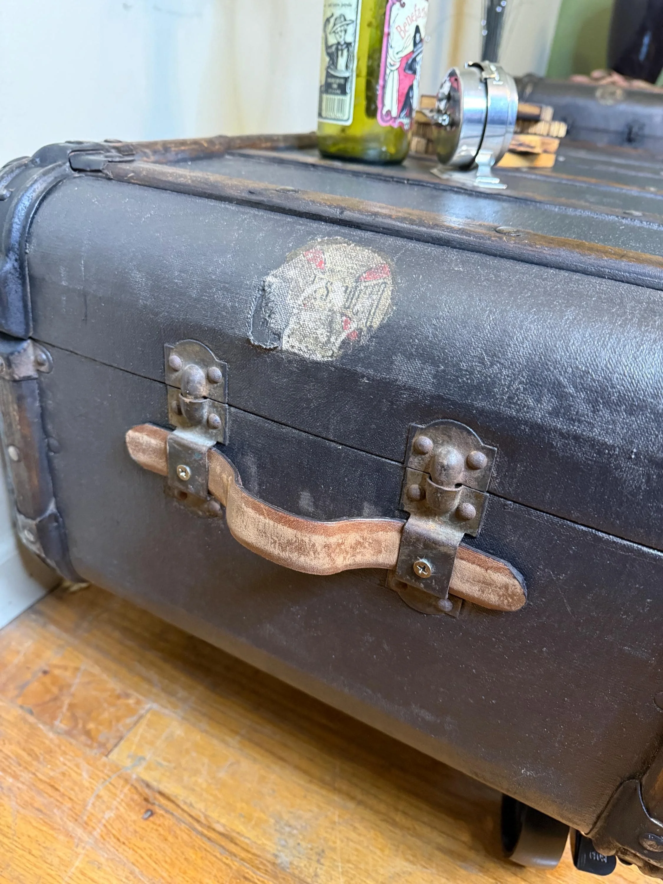 Detail of the National Veneer Products Indestructo branding on a refinished piece.