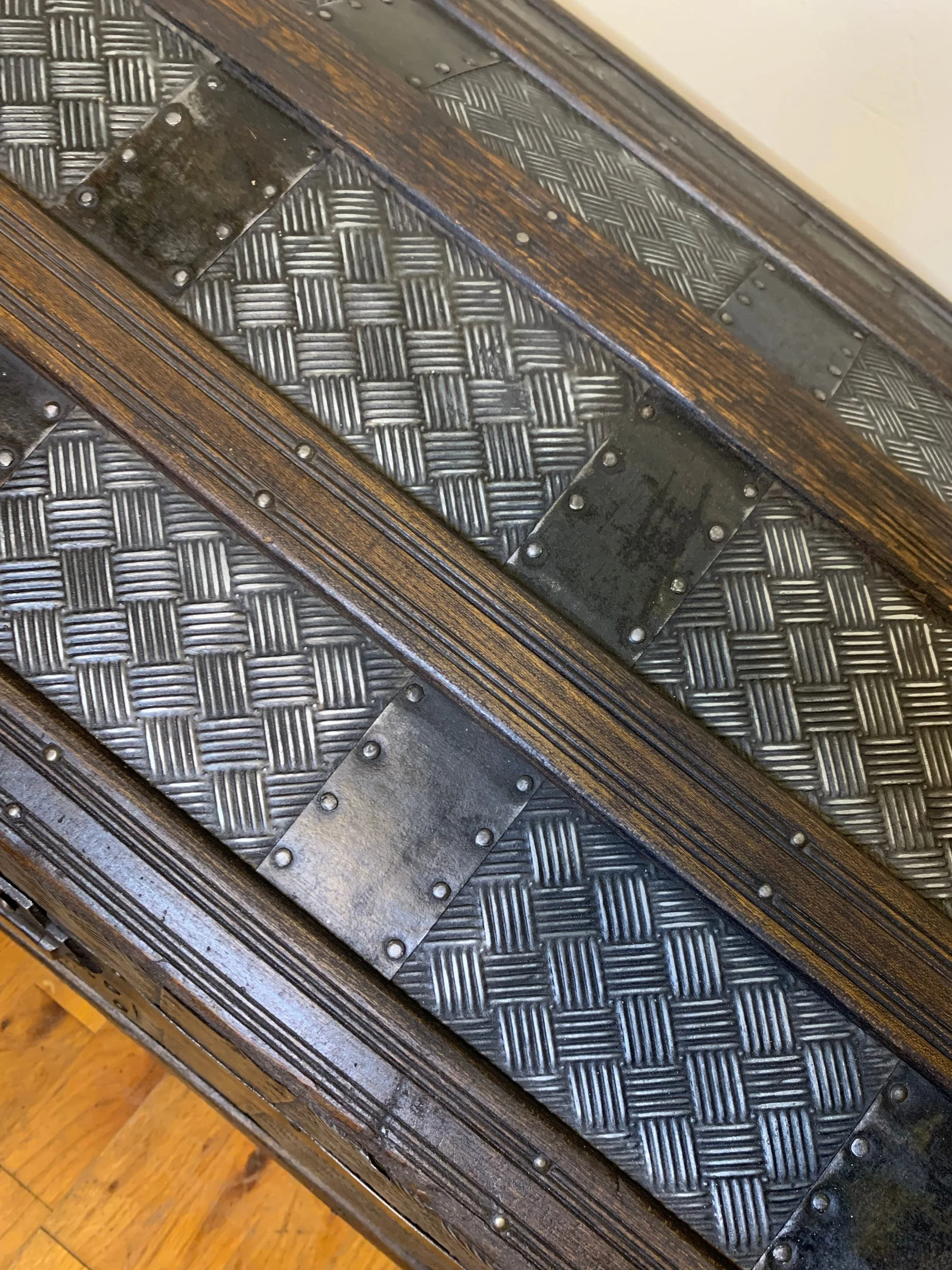 Refinished antique storage chest with metallic tin finish