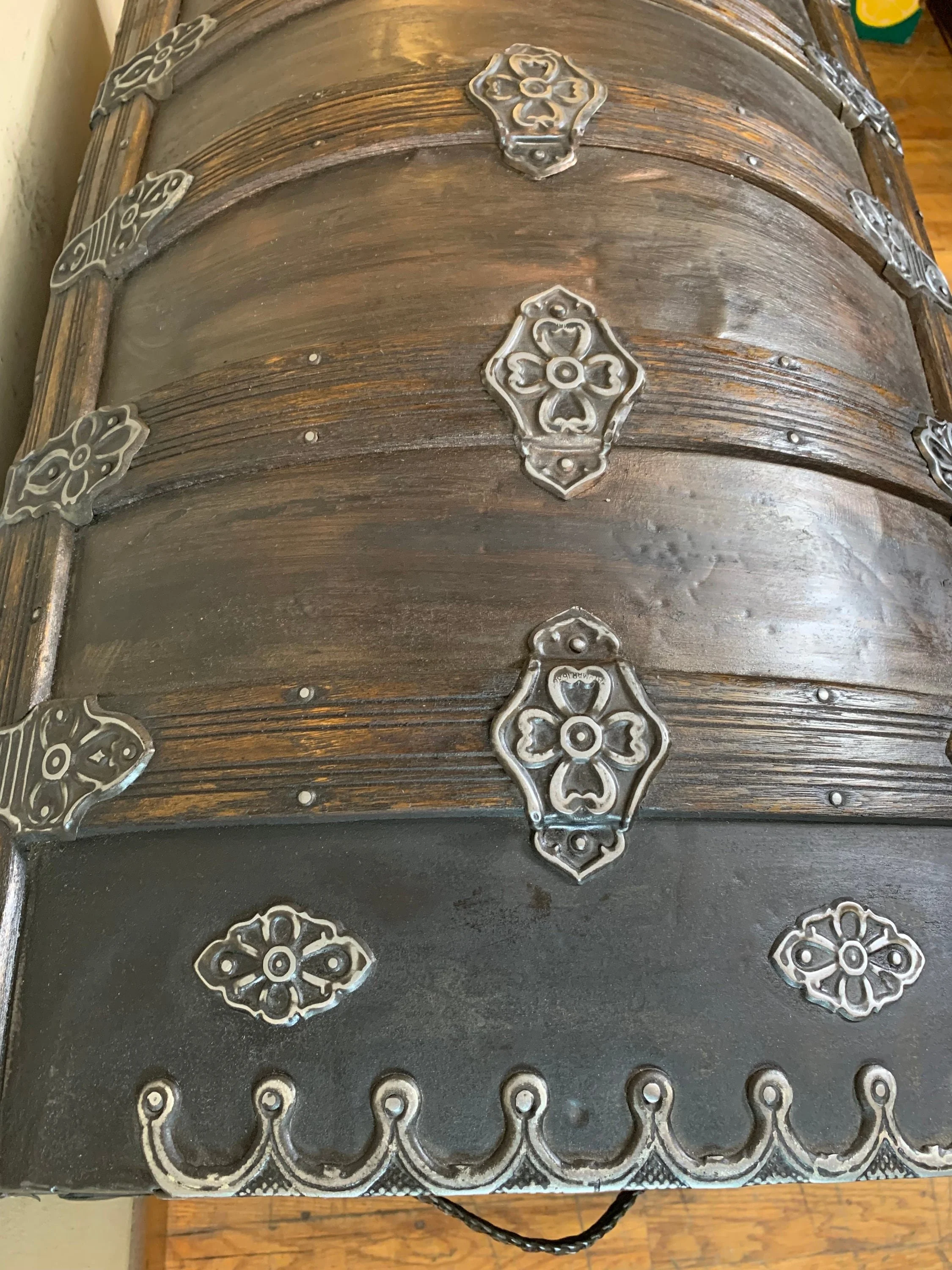 Original hardware detail on antique steamer trunk