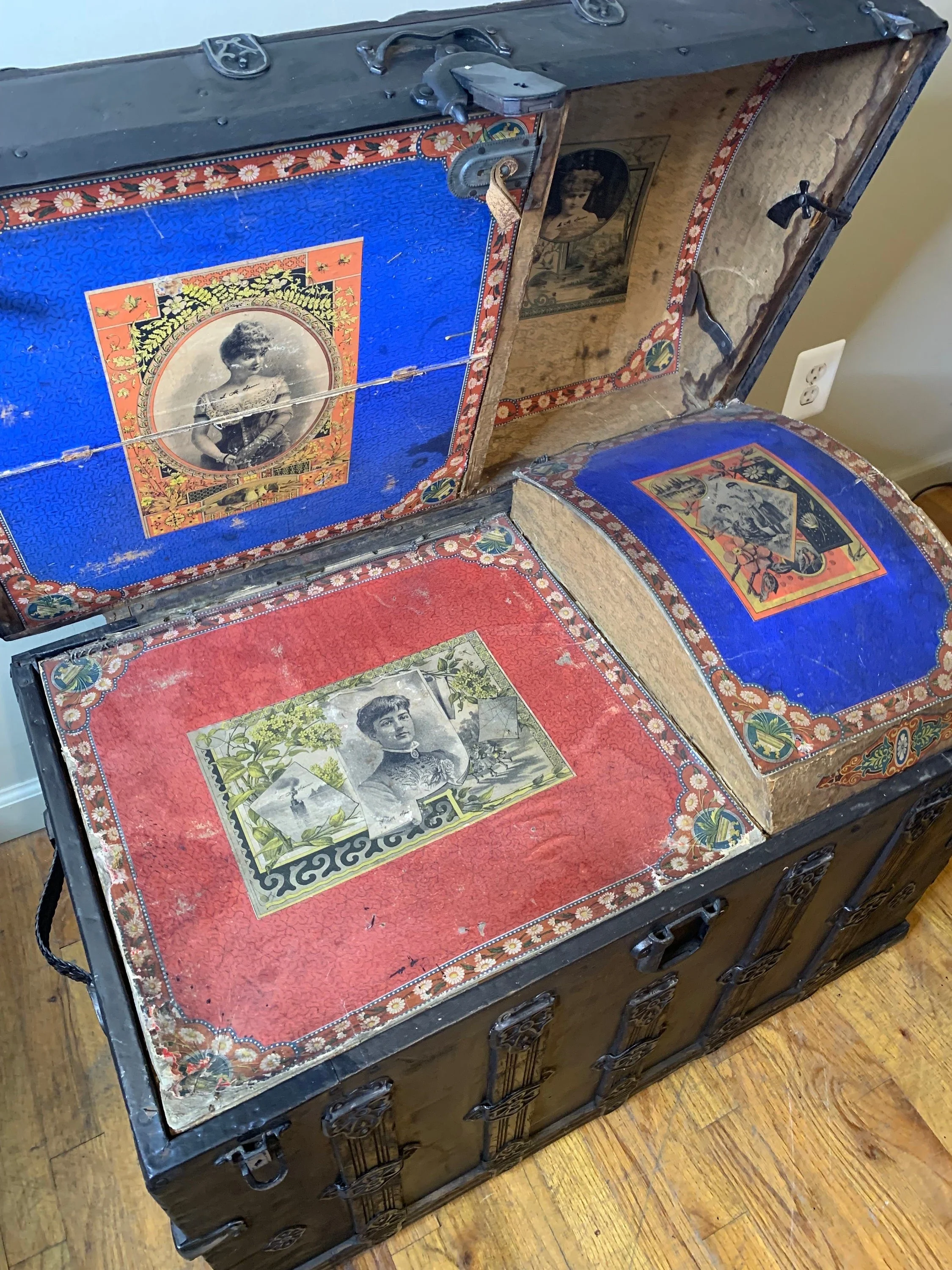 Interior of antique Victorian travel trunk