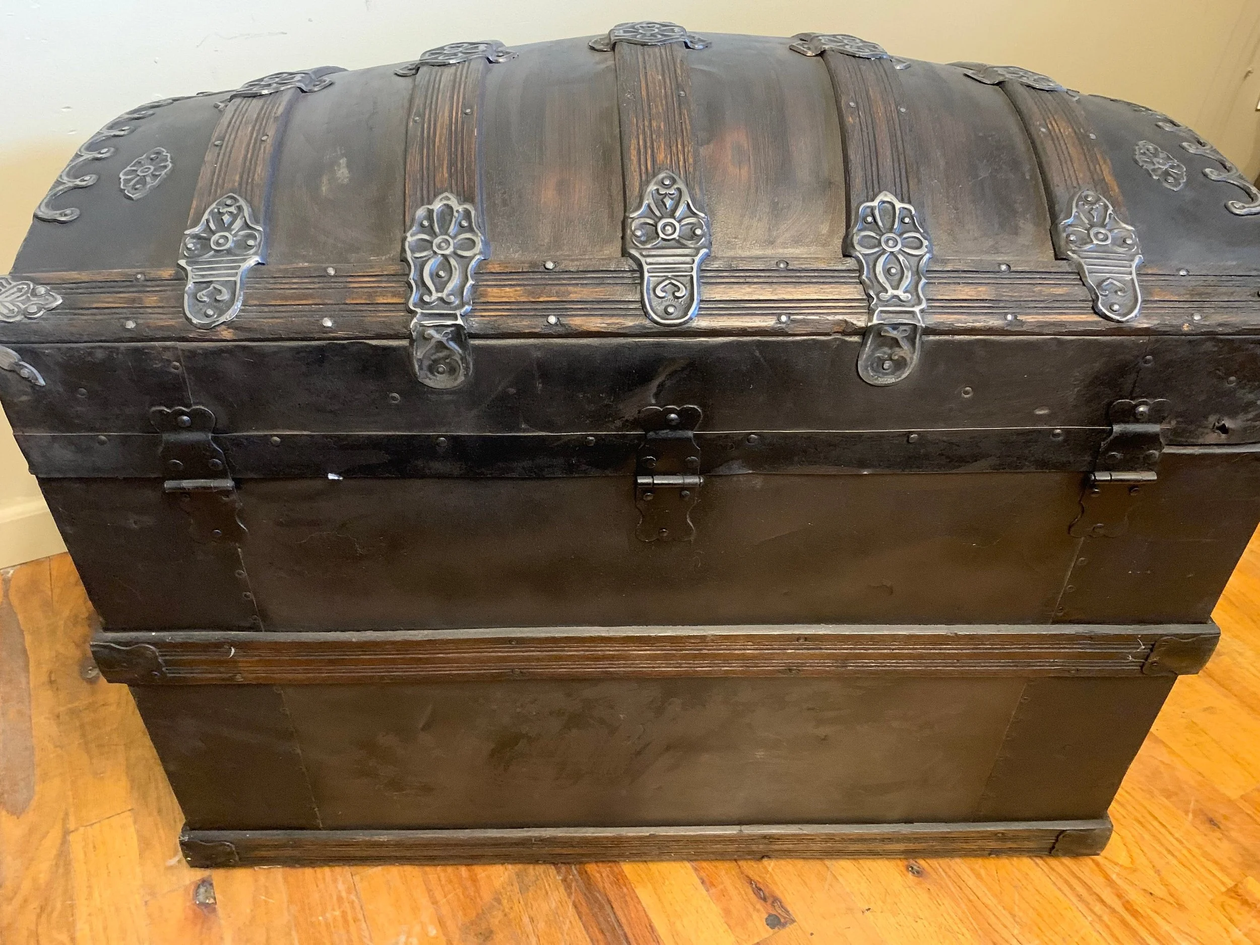 Victorian humpback storage trunk with aged patina finish